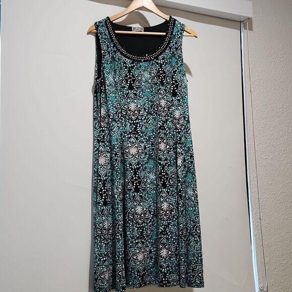 JM Collection women's large black with green floral print sleeveless dress - Picture 1 of 6